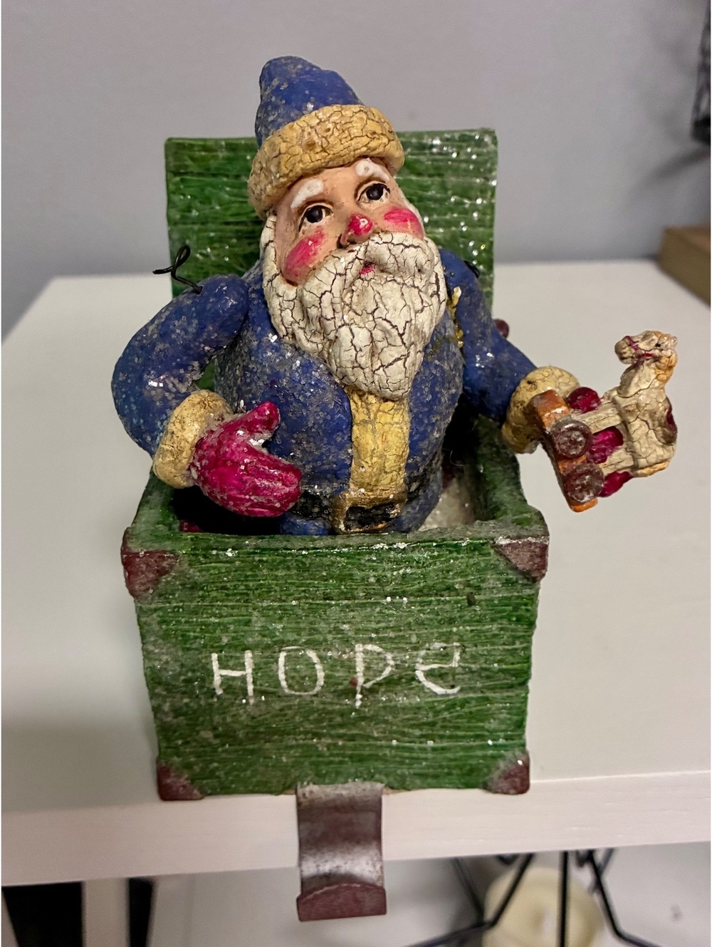 Vintage Style Folk Art Blue Santa Christmas Stocking Hanger Box Accent